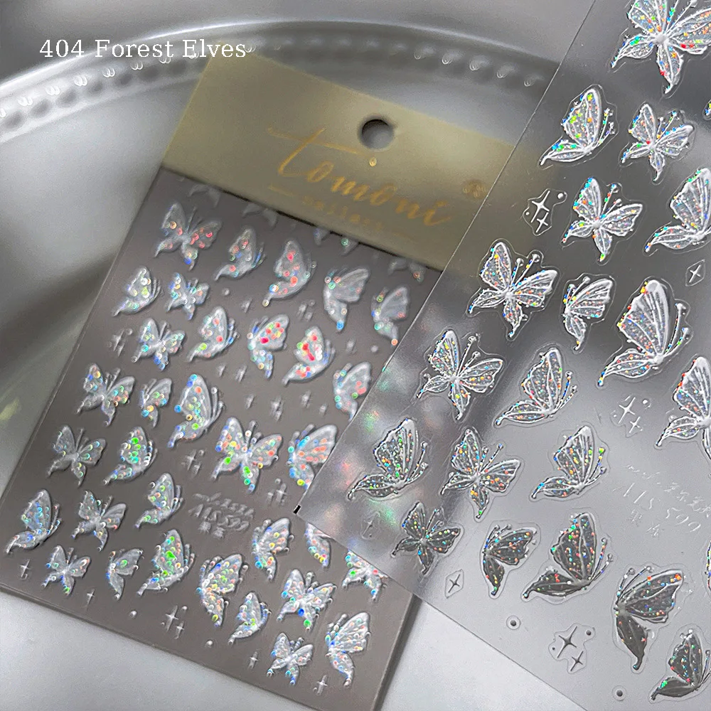 

-Forest Elves- 5D Laser Dots Light Butterfly Nail Sticker Fancy Holo White Butterfly Jelly Decals Finished Nail Tips Sticker 404