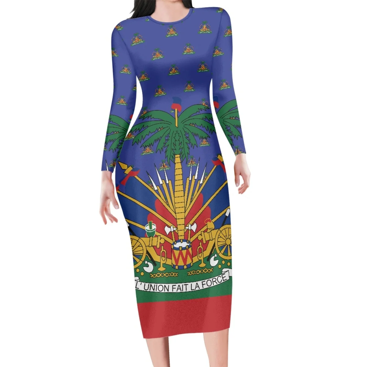 

Hycool Polynesian Tribal Print Round Neck Long Sleeve Sexy Office Dress With Hip Wrap Fashionable And Elegant Dress For Ladies