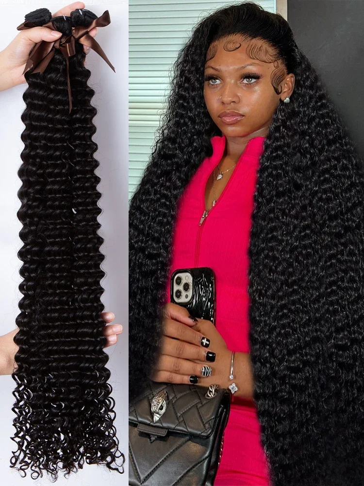 Deep Wave Human Hair Bundles Brazilian Remy Curly Hair Weave Natural Double Drawn Extensions For Women 30 32 40 Inch human hair bundles