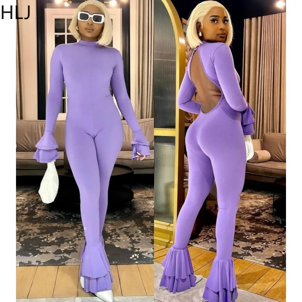 

HLJ Sexy Solid Color Bodycon Backless Jumpsuits Women Round Neck Flared Sleeve Slim Playsuits Casual Female Sporty Overalls 2024