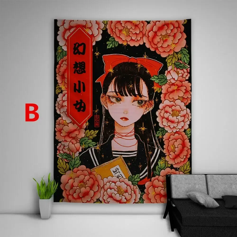 Home Kawaii Anime Girl Illustration Hanging Tapestry Aesthetic Japanese Tapisserie Blankets Ins Art Wall Poster Decoration Mural