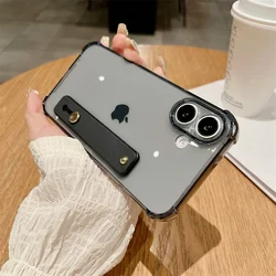 Neon Color Soft Silicone Wrist Strap Phone Case with Kickstand and Transparent Back Cover - iPhone 14 (Black)