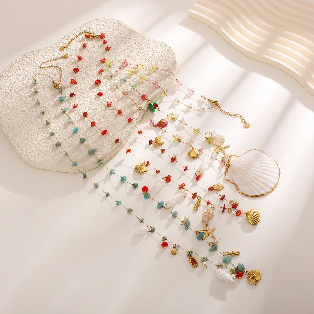 Oversize Shell Pendant Waist Belly Belt Chain 18K Gold Plated Waterproof Natural Stone Mini Conch Bikini Festival Rave Jewelry