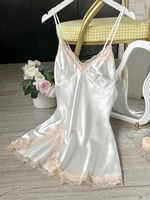 Women's Satin V-Neck Lace Trim Chemise 1-Pc Sexy Mini Nightdress - Image 3