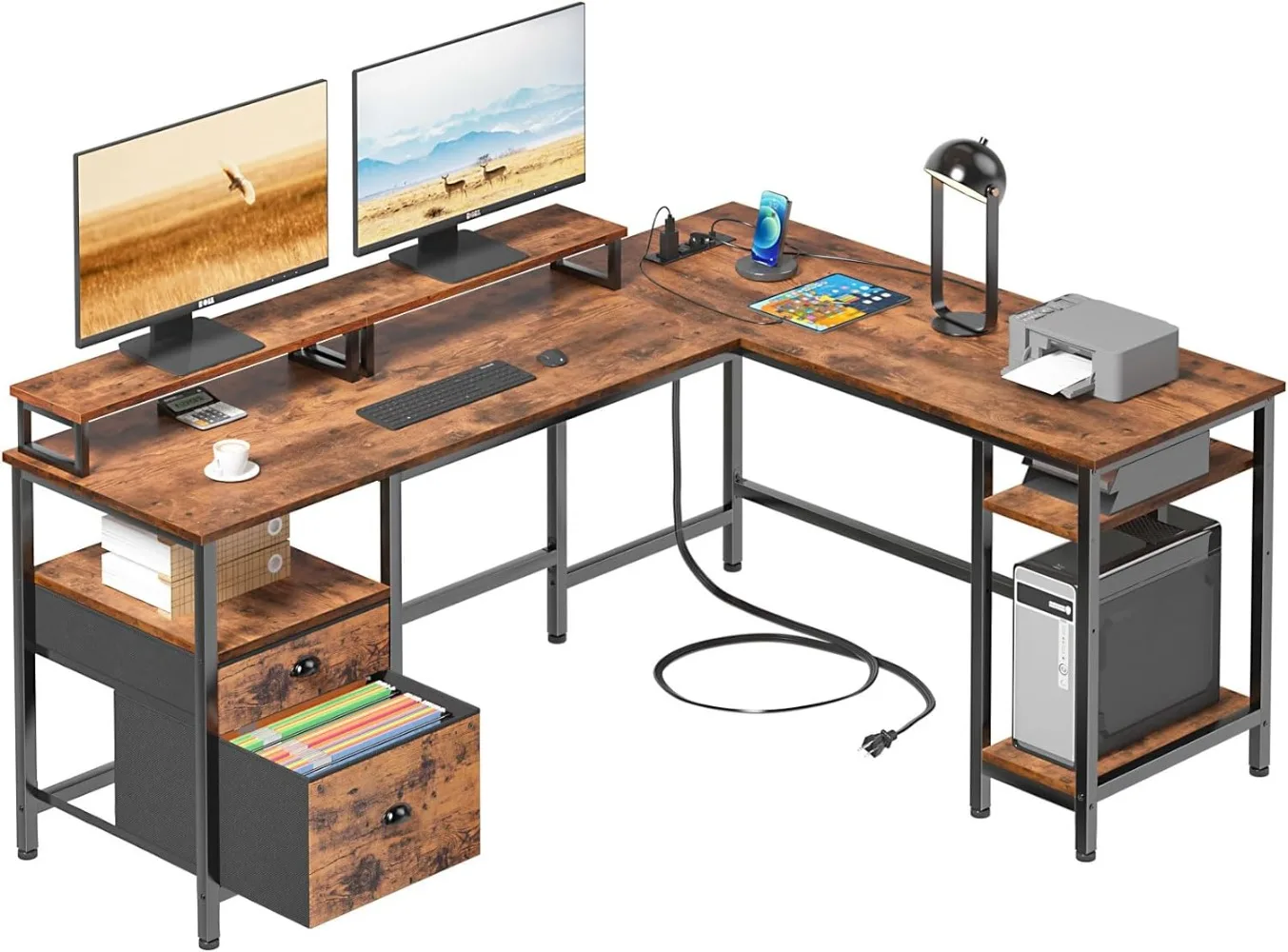 Furologee 66” L Shaped Desk with Power Outlet, Reversible Computer Desk with File Drawer & 2 Monitor Stands, Home Office Desk