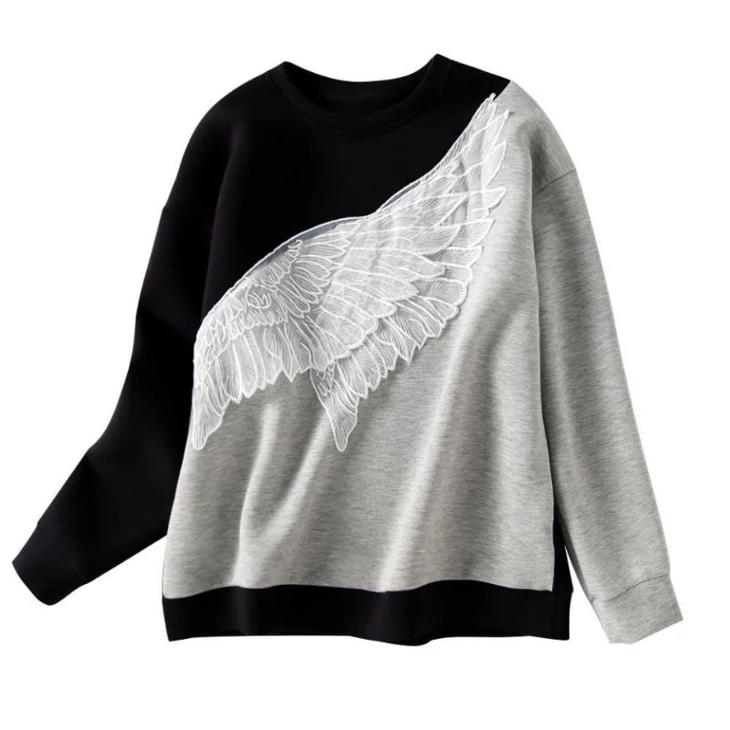 

Fashion Korean Women Round Neck Color Matching Sweatshirts Spring Autumn Chic Three-dimensional Decoration Spliced Tops Female