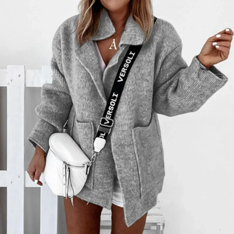 Women Autumn Vintage Cardigan Knitted Sweater Winter New Thick Solid Long Sleeve Coat Ladies Fashion Turn-Down Collar Jackets