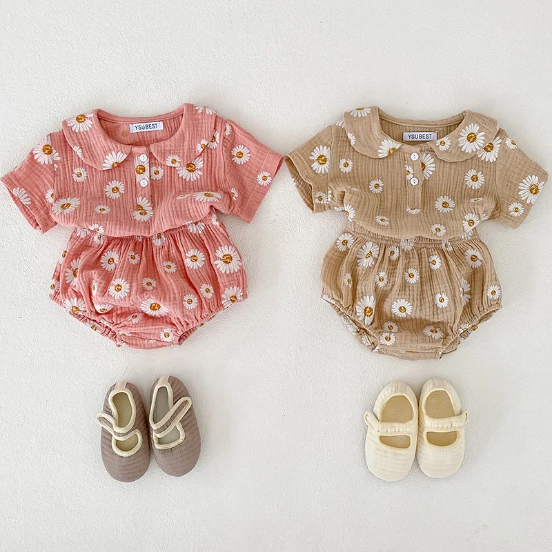 

0-24M Infant Baby Girls Clothing Set New Summer Suit Short Sleeved Cotton Printed Shirt+PP Shorts Toddler Baby Girl Clothes Suit