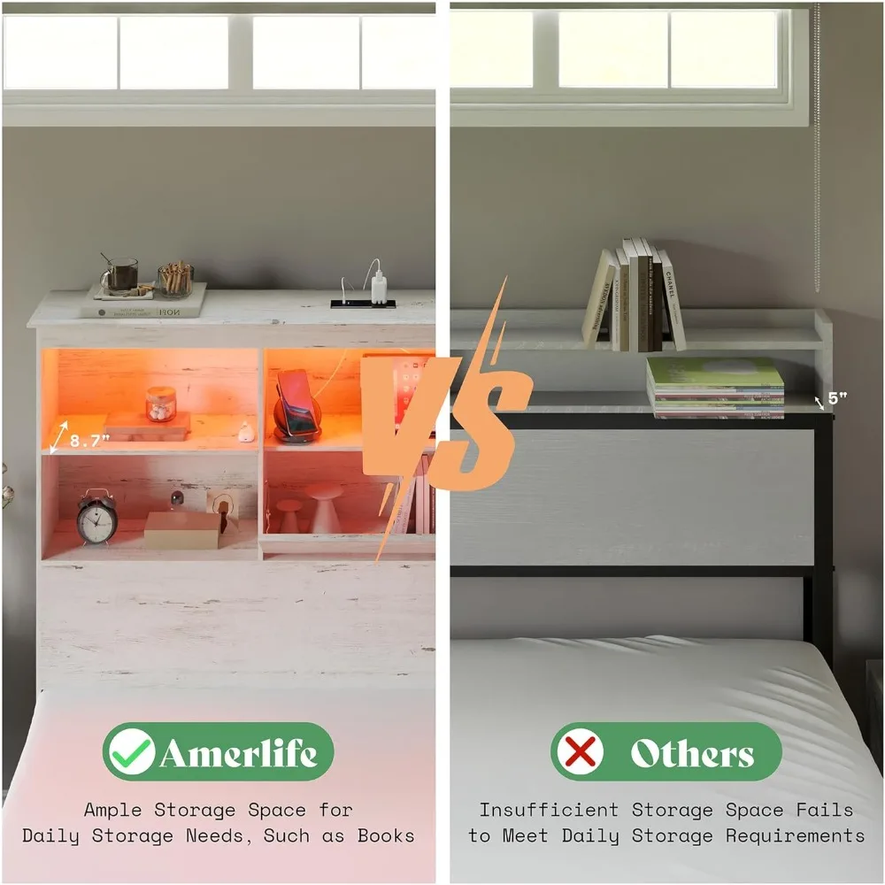 51.2" LED Storage Bookcase Headboard, 4 Storage Drawers & Charging Station/No Box Spring Needed/Noise Free, Bed Bases & Frames 6