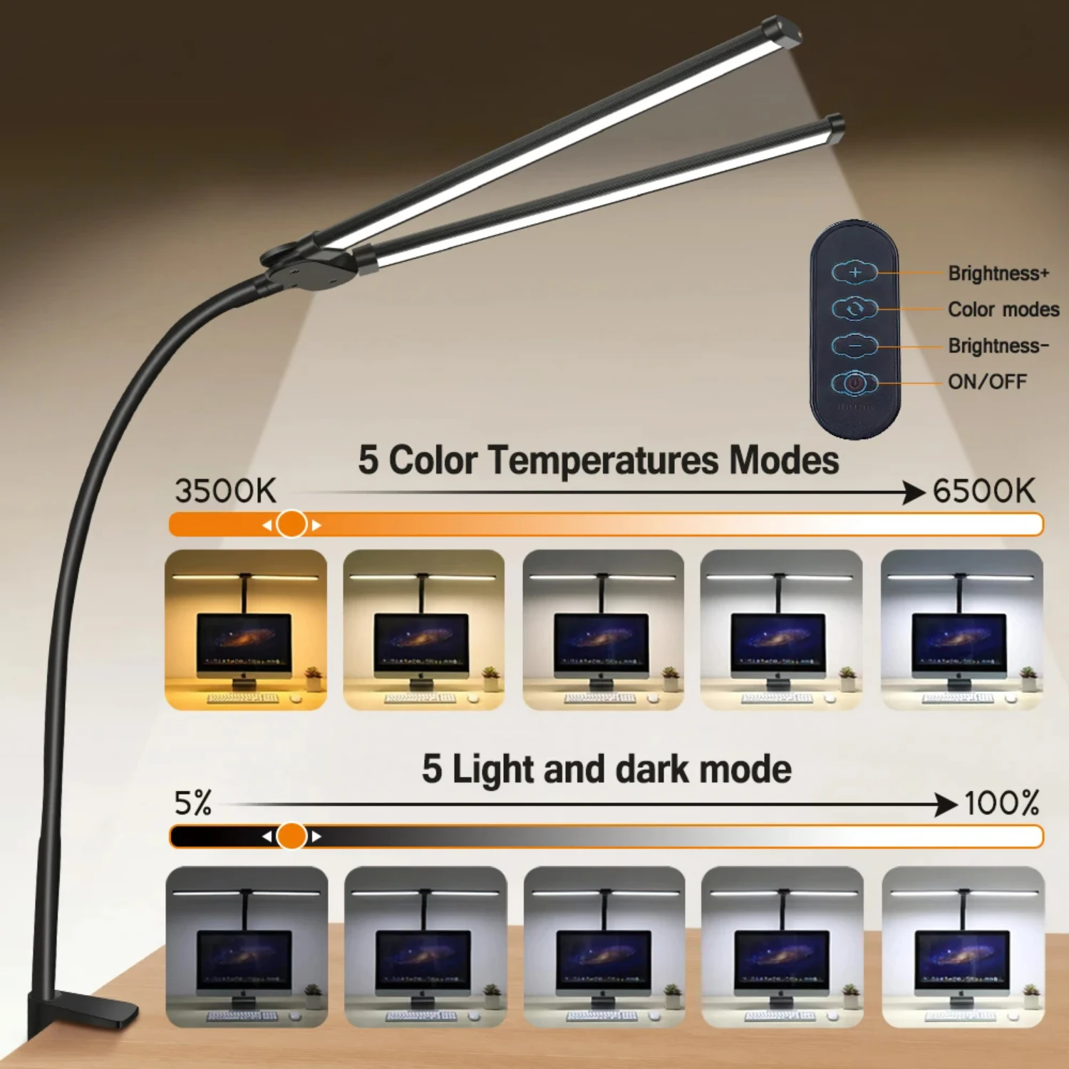 Double LED Desk Lamp Dimmable USB Reading Light Eye Protection Office 3