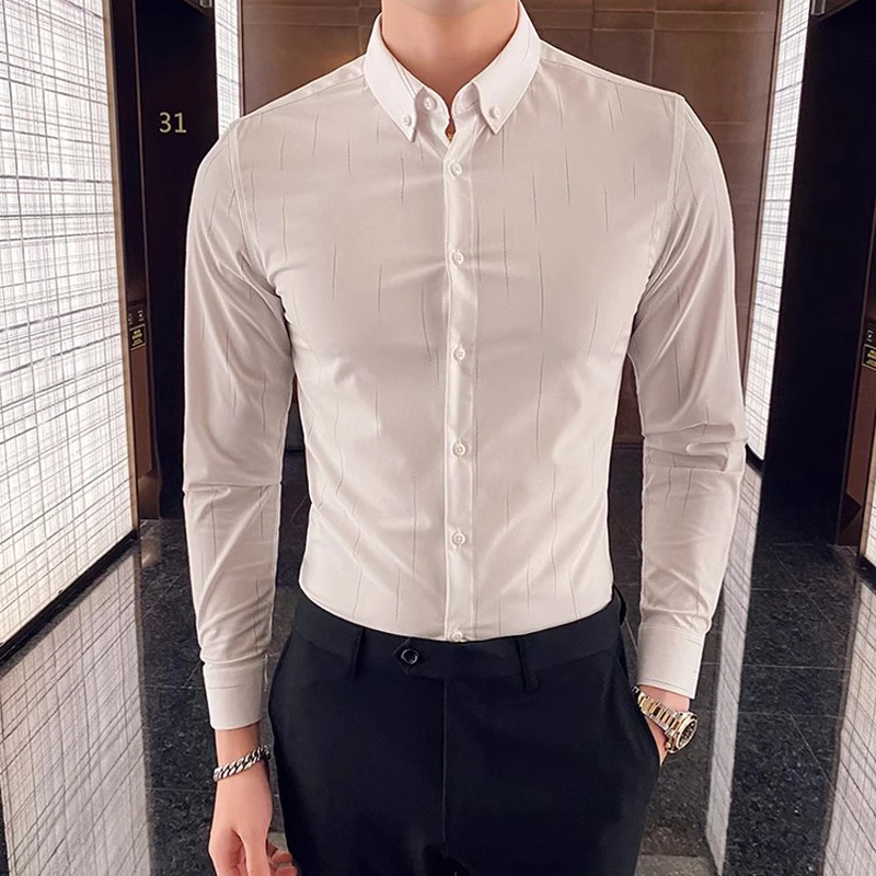 

2024 New Men's Long Sleeve Striped Shirt Social Business Slim Fit Men Dress Shirts Brand Buttons Male Blouse Tops Plus Size 5XL