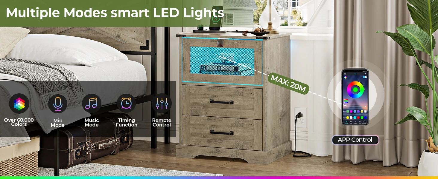 Rustic Oak Farmhouse Nightstand Set of 2 with LED Lights, Charging Station & Cubby Bedroom Furniture Storage Organizer