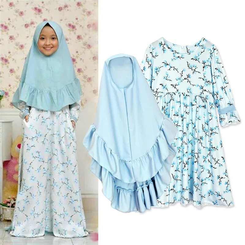 2 Piece New Abaya And Hijab For Kids Girls Muslim Floral Prayer Dress Headscarf Islamic Children Eid Party Robe Dubai Khimar Set