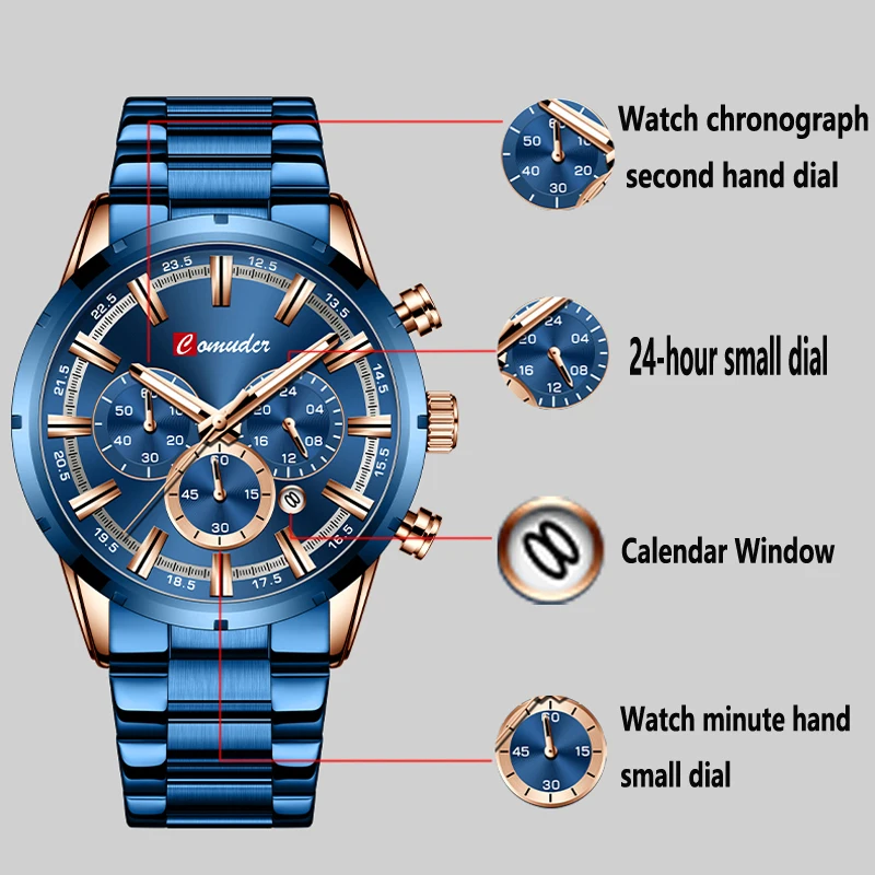 

Comudir Men Watch Top Brand Luxury Sports Quartz Mens Watches Full Steel Waterproof Chronograph Wristwatch Men Large dial