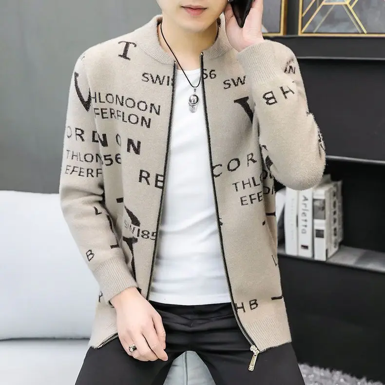 2023 New Mens Clothing Stand Collar Long Sleeve Knitted Autumn Winter Casual Fashion Letter Striped All-match Sweaters Cardigan
