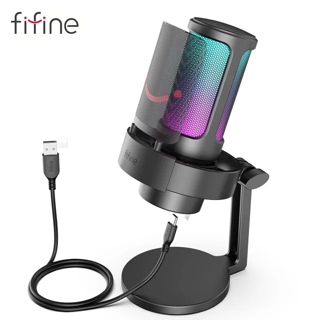 FIFINE Microphone de jeu avec contrôle RGB, touche d'extinction, microphone à condensateur pour bureau informatique avec filtre anti-poussière pour enregistrement et diffusion 1