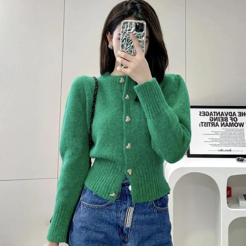 

Sweet Heart Buttons Sweater Coat Women Autumn Winter Gentle Style Solid Knitted Cardigans Woman Korean Loose Short Jacket