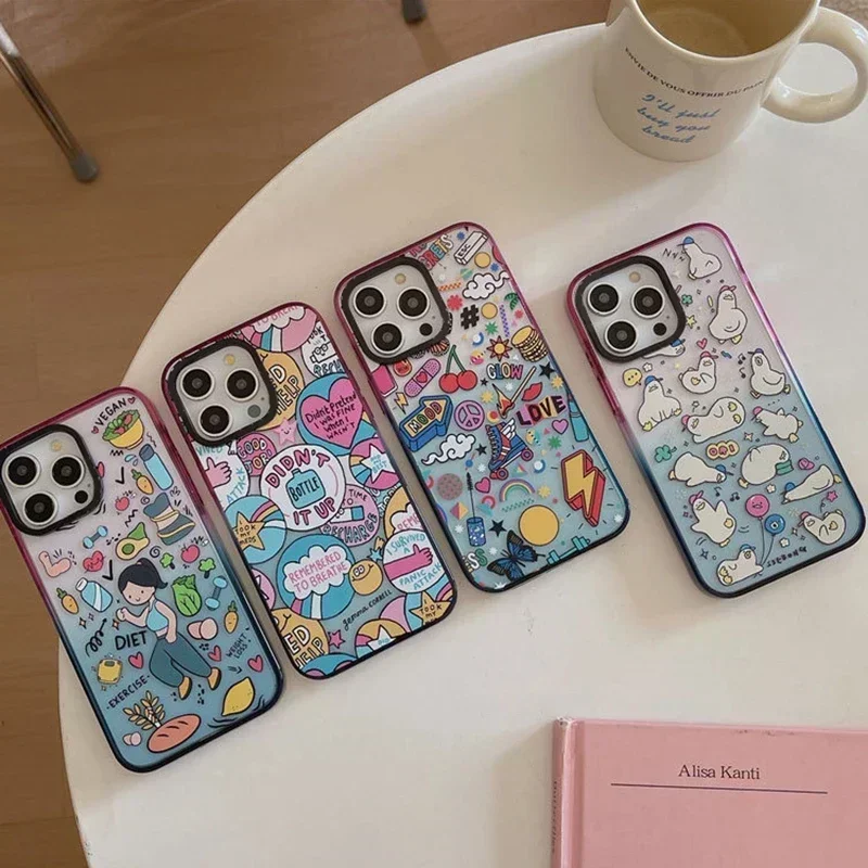 2.0 Acrylic Colorful Border Cartoon Sticker iPhone 11 12 13 14 15 Pro Max Case - Protective iPhone Case