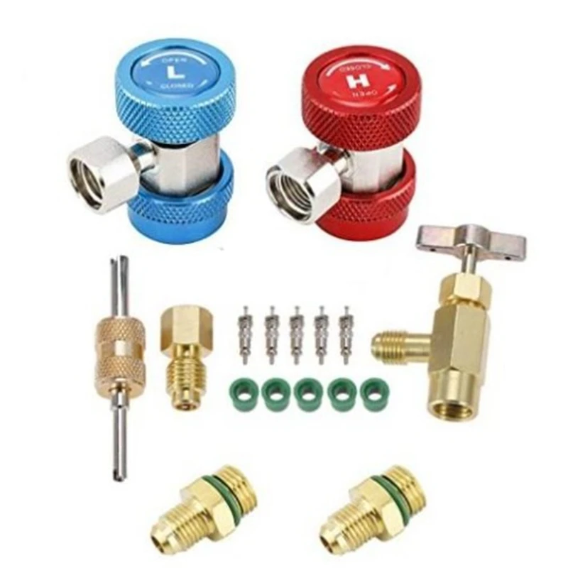 

AC R134A Adapters Quick Couplers, Djustable R134A Adapter Fittings Quick Coupler,Valve Core Remover Kit