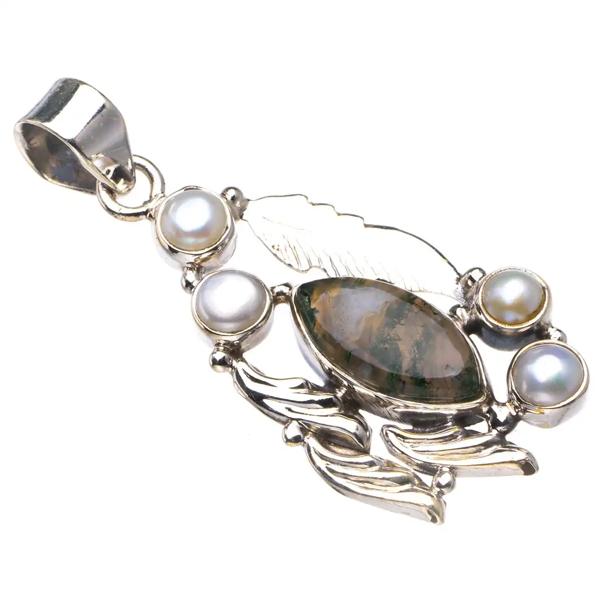 

Натуральный Мох, агат и речная жемчужина и перо ручной работы, стандартная серебряная подвеска 2 дюйма D3104