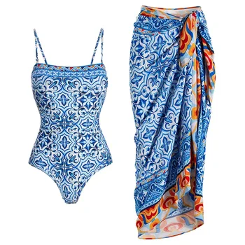 2Pcs Printed Swimsuit Women Sexy Swimwear New Bikini With Long Skirt Female Biquini Push Up Swim Suit Bodysuit Beachwear CoverUp 5