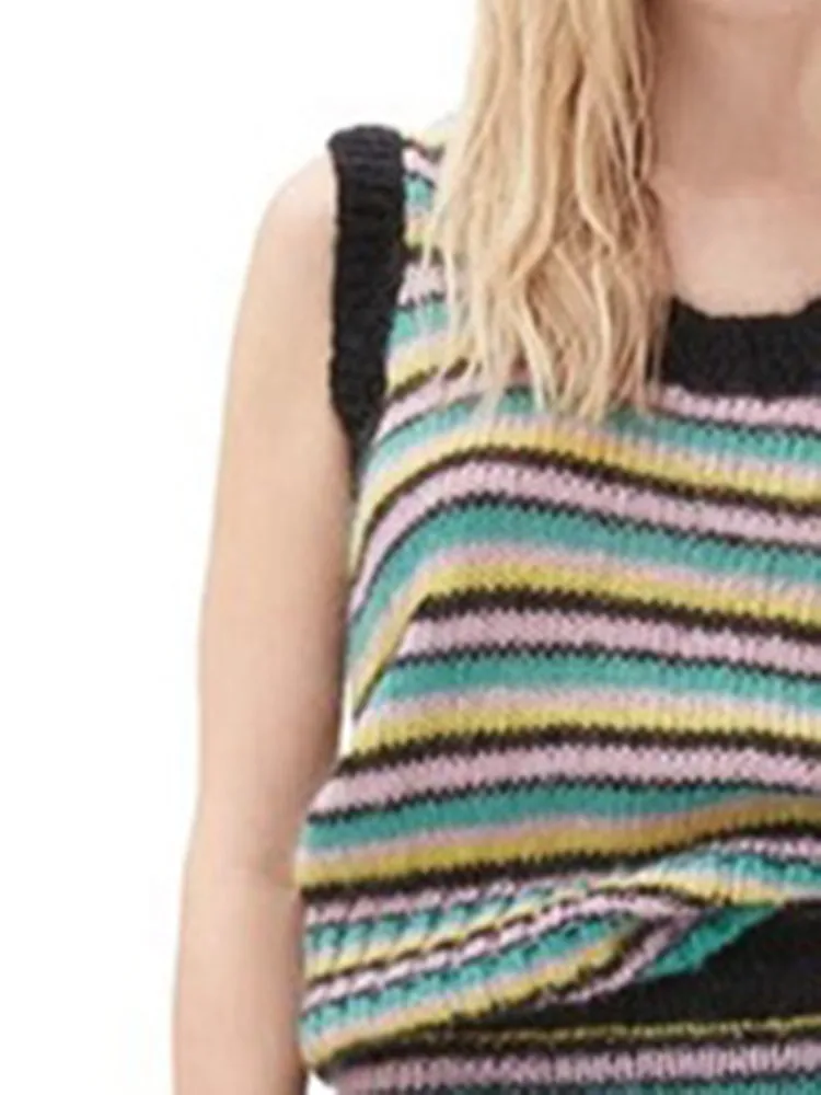 

Rainbow Contrast Stripes Women Slim Knitted Sweater Vest Fashion U Neck Ladies Sleeveless Knitwear Pullover Tops 2023 New