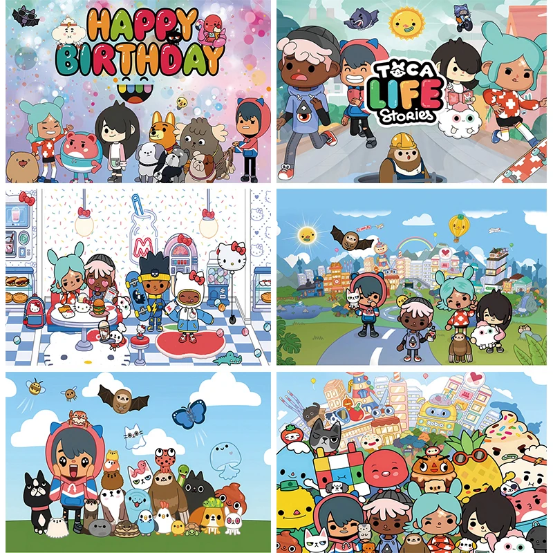 Backdrop Toca Boca Life World Birthday Party Decoration Banner for Kids Cartoon Toys Game Photo Background Photography Props