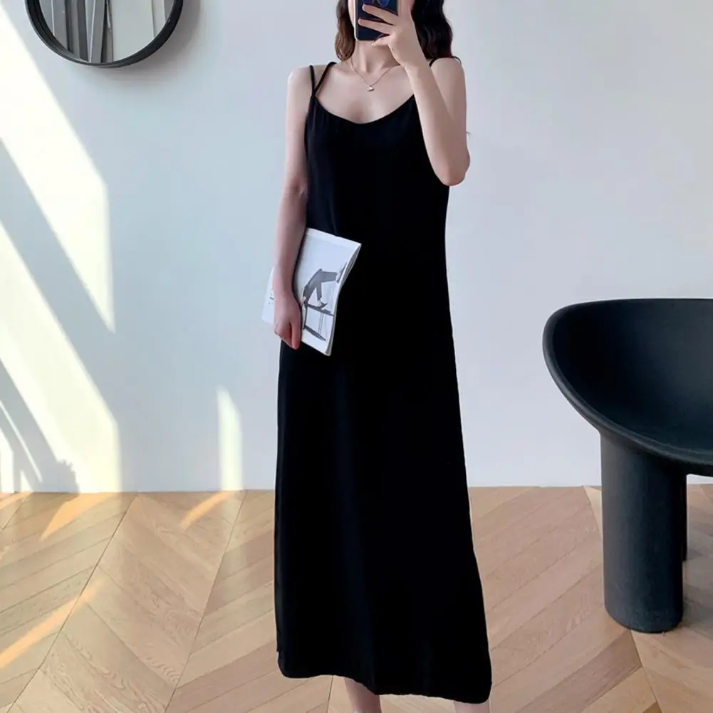 

Women Vest Dress Solid Color V Neck Sleeveless Spaghetti Strap Backless Dress-up Mid-calf Length Breathable Summer Dress Female