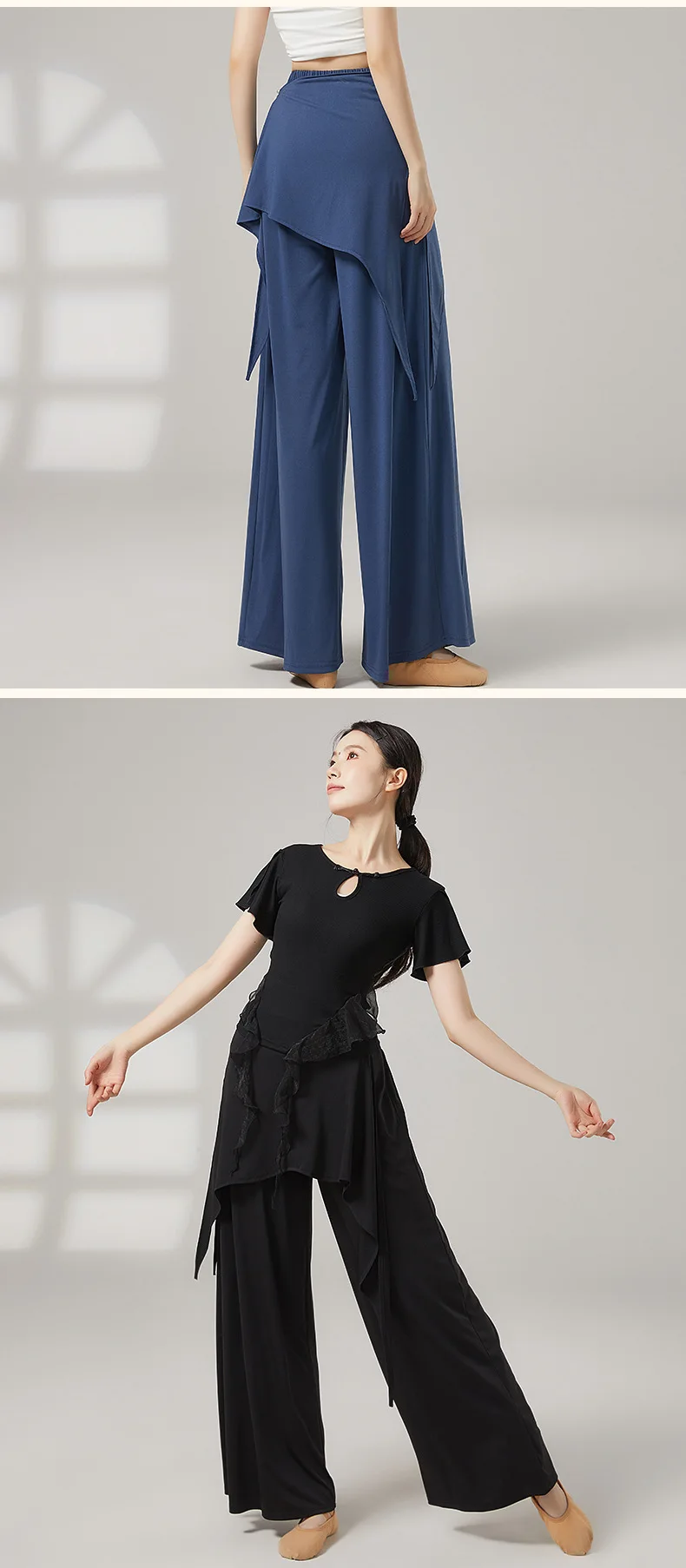 Frauen Breite Bein Lose Tanz Hosen Atmungsaktive Drapierte Chinesischen Volkstanz Klassische Ausbildung Kostüme Hohe Taille Lange Hosen – Detail 3