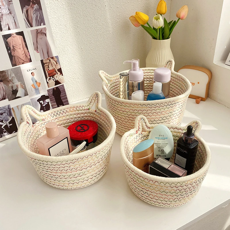 Paniers de rangement tissés en corde de coton avec oreilles de chat, organisateur de bureau, panier de pique-nique, boîte de rangement de uits, rangement de cosmétiques, conteneur de maison