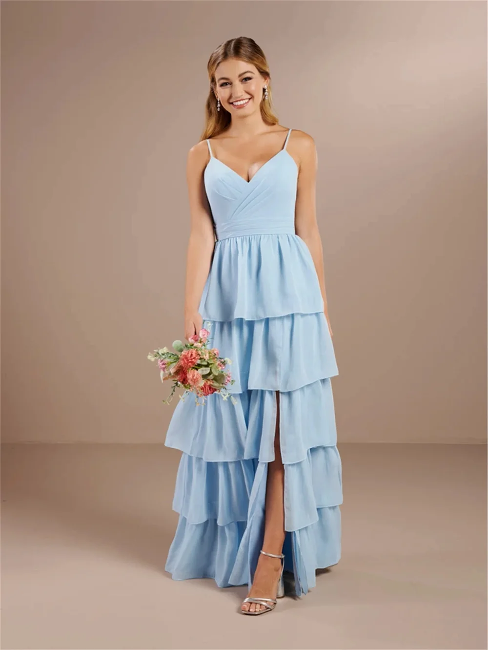 

Spaghetti Straps V-Neck Tiered Ruffles Prom Dresses With Split Corset Sleeveless Formal Cocktail Party A-line Long Evening Gowns