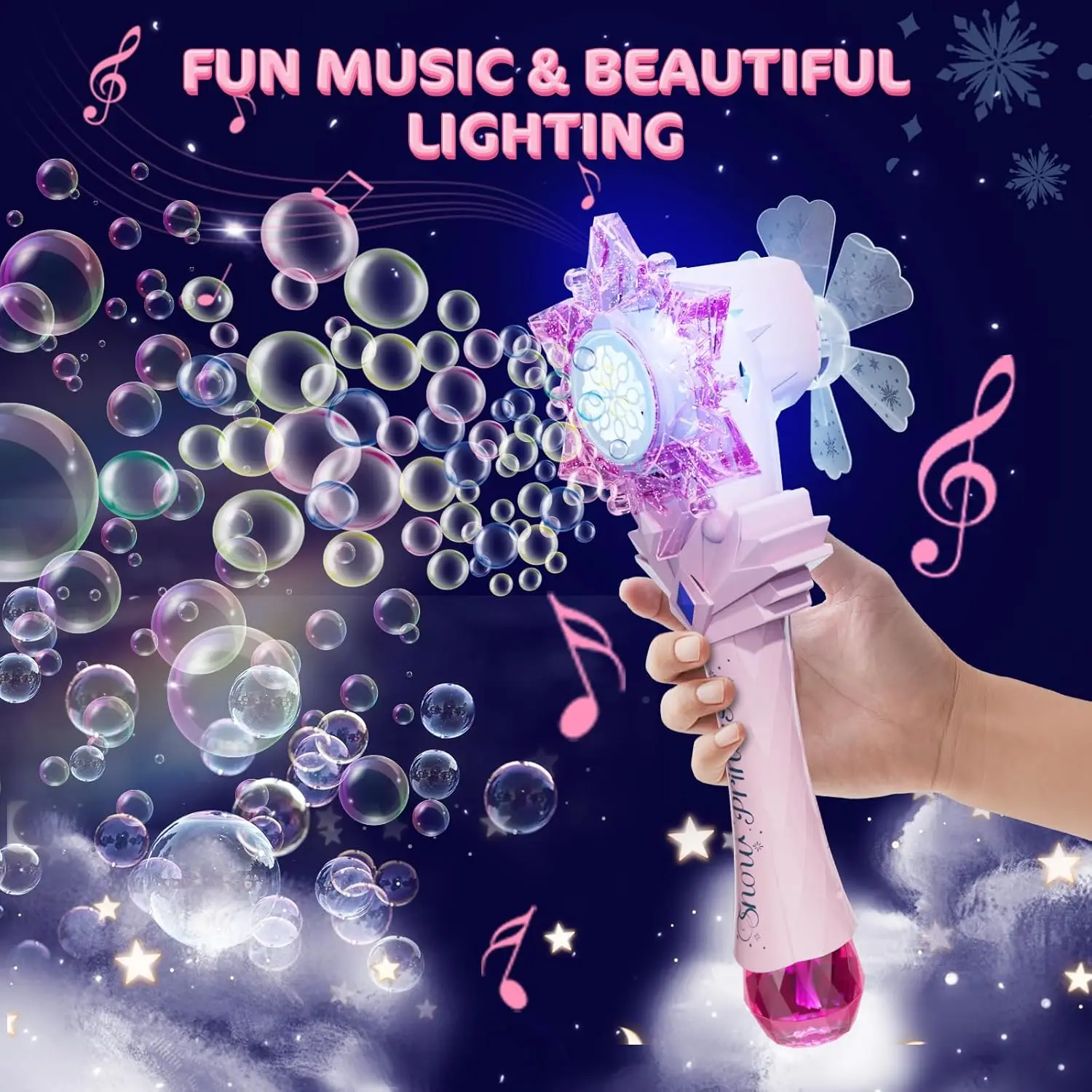 VATOS Bubble Wands X2 for Kids Auto Snowflake Bubble Blower Light & Music Bubble Machine with 2 Windmill Outdoor Toy Girls Boys 5