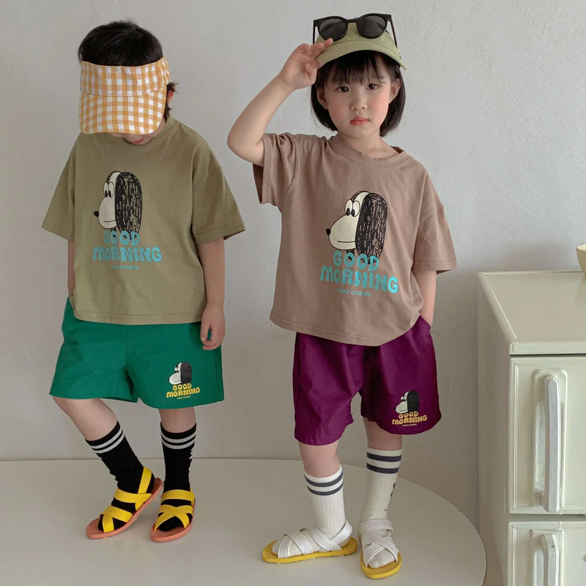 

2023 Summer New Children Short Sleeve Clothes Set Baby Boys Girls Cartoon Print Tees + Shorts 2pcs Suit Kids Casual Outfits
