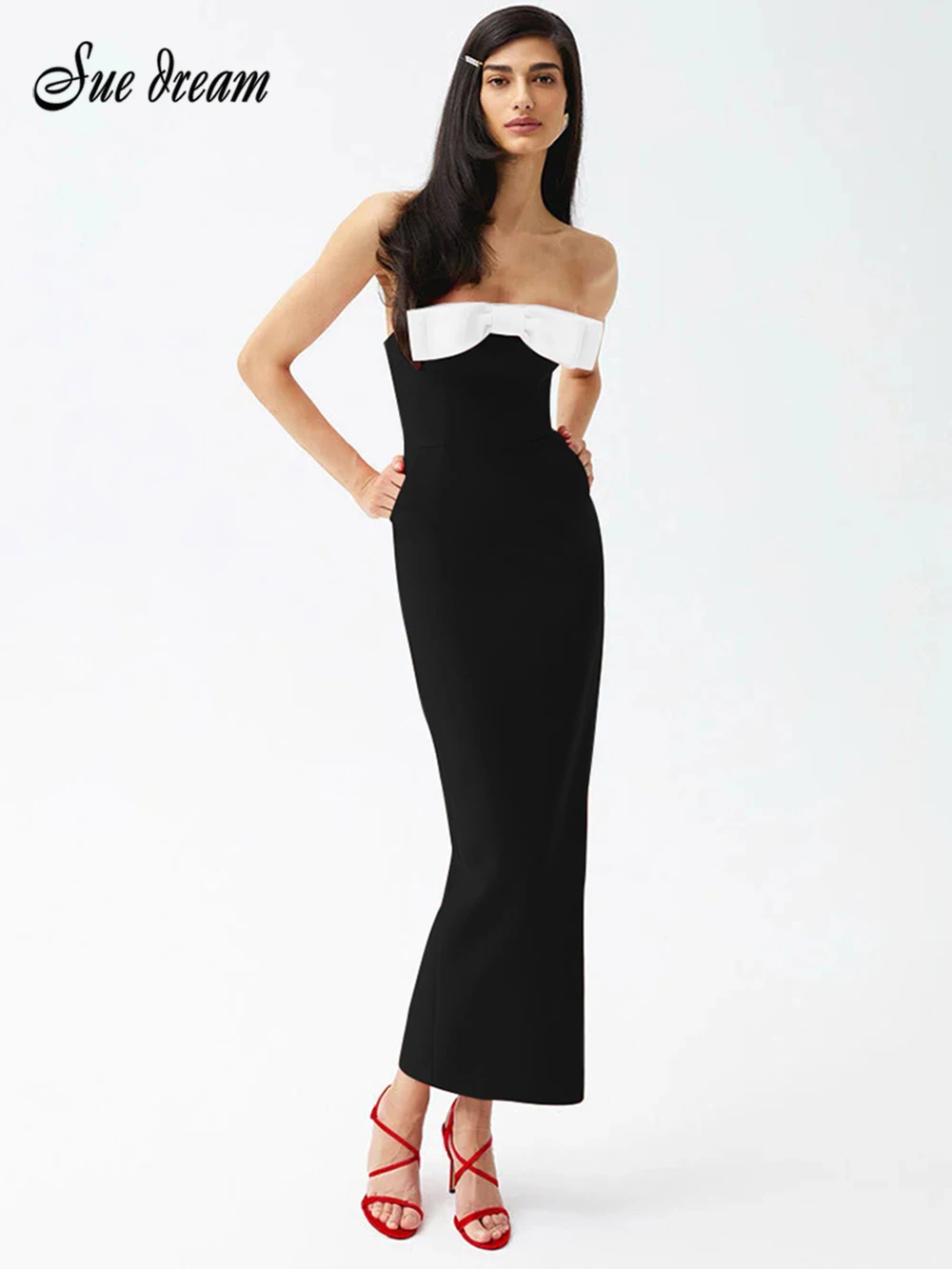 

2024 Summer New Women's Black Sexy Strapless White Bow Bandage Long Dress Bodycon Celebrity Party Evening Dress