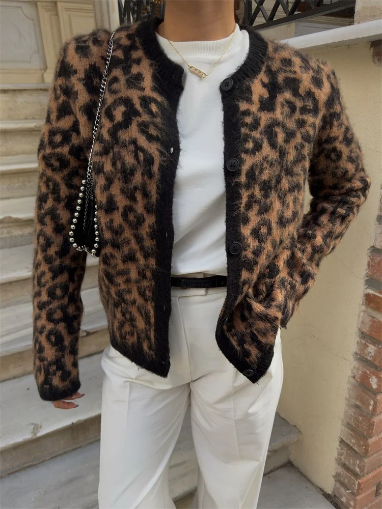 Suéter tipo cárdigan de leopardo para mujer, con estampado de moda en contraste, holgado, de manga larga, para ir al trabajo, cárdigan de otoño para mujer