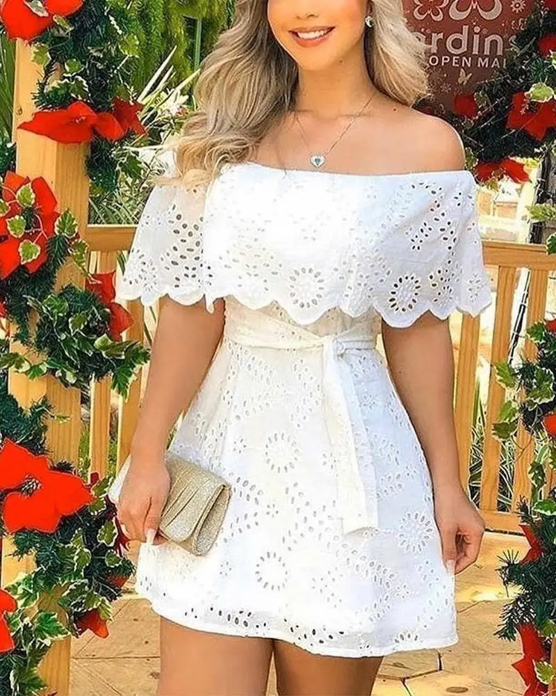 

2023 Summer Solid Off Shoulder Broderie Lace Mini White Mini Dress Skinny Bodycon With Sashes Sexy