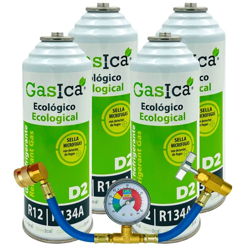 Confezione Da 4 Bottiglie Gas Refrigerante Gasica D2 - R12-R134A + Manometro