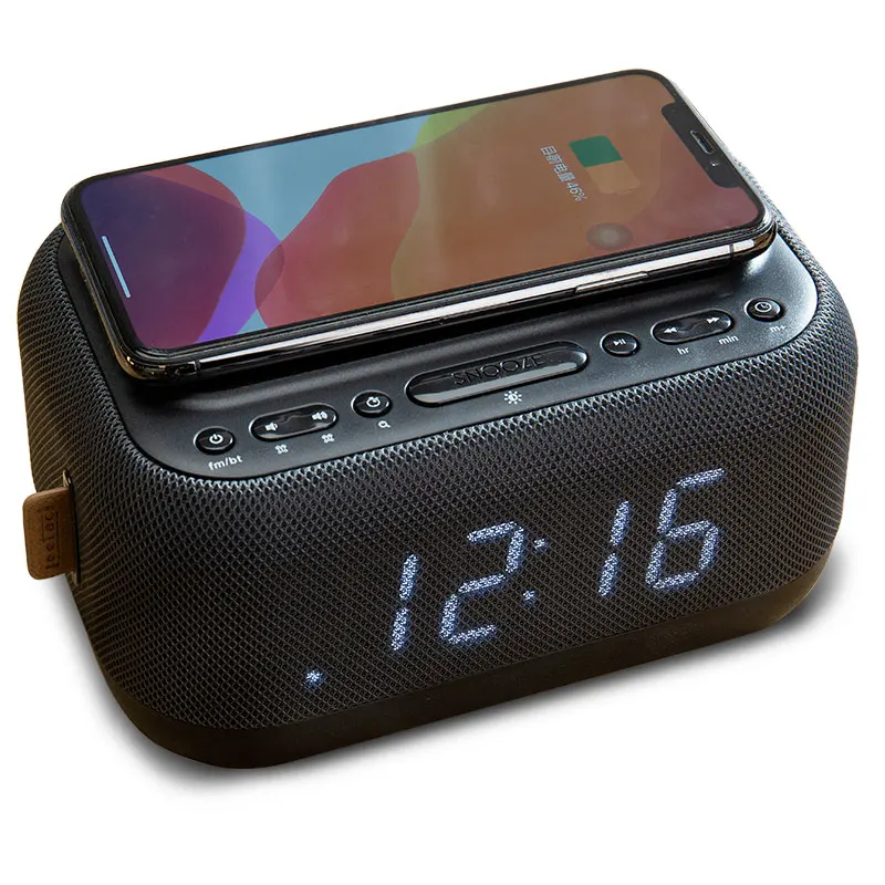 

Wireless Charger for phone power bank Digital Alarm Clock FM home Radios Built-In Portable Mini Wireless Bluetooth Speaker