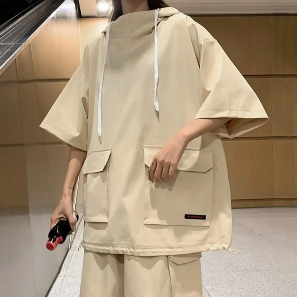 

Unisex Sports Suit Hooded T-shirt Drawstring Shorts Set for Unisex Loose Fit Solid Color Outfit with Wide Leg Shorts Comfortable