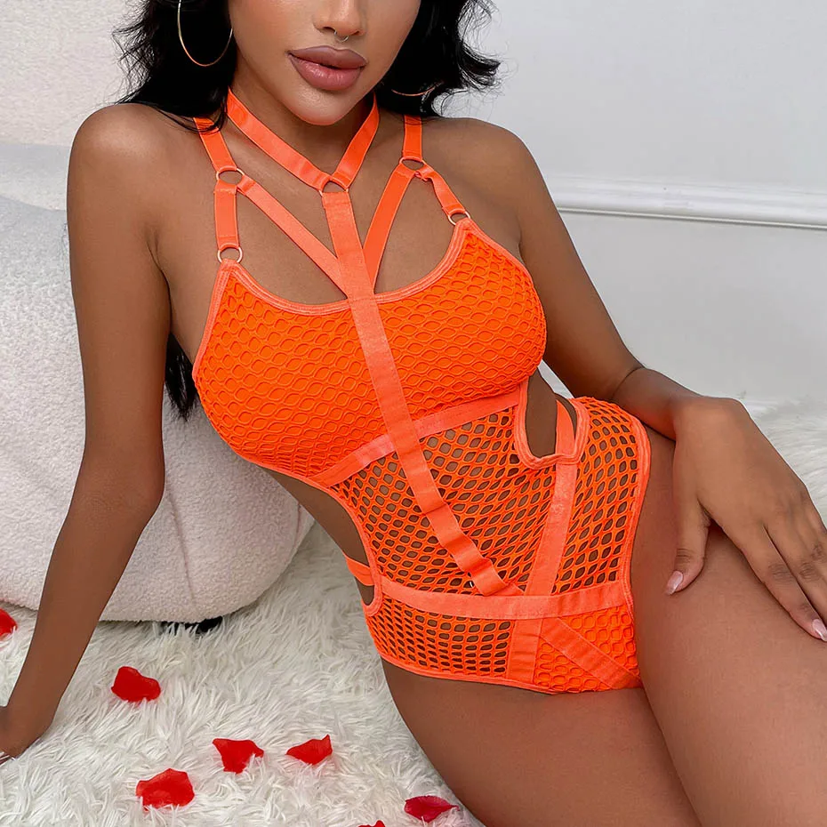 

JSY Sexy Bodysuit Lingerie Set Hollow Out Orange Transparent Women's Underwear Halter Teddies Erotic Catsuit Lingerie Costumes