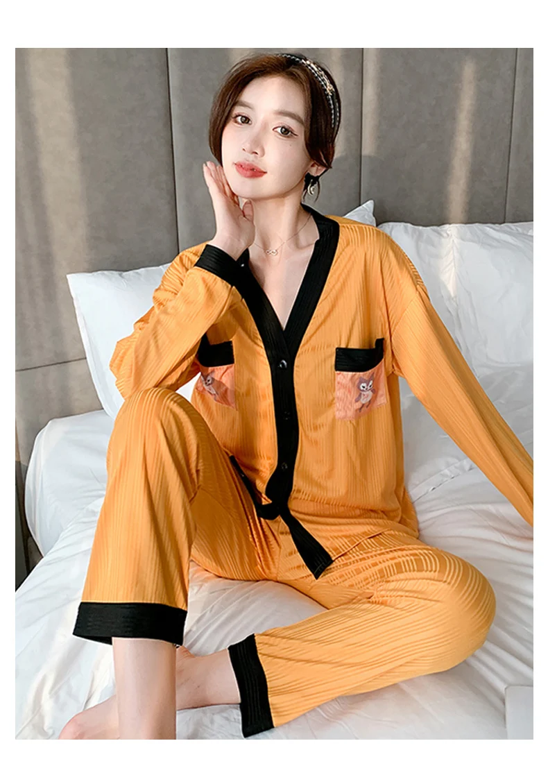 Spring 180g milk + cotton silk pit strip V-neck cardigan button long-sleeved trousers pajamas women's suits home service girls p pyjama sets