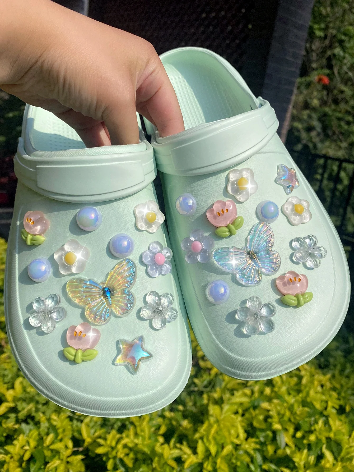 24-teilige weiße Schmetterlinge, Blumen, fünfzackige Sterne, rosa Blumen, ANS-Perlen-Schuhschnalle, DIY-Dekorationen, multifunktional – Detail 6