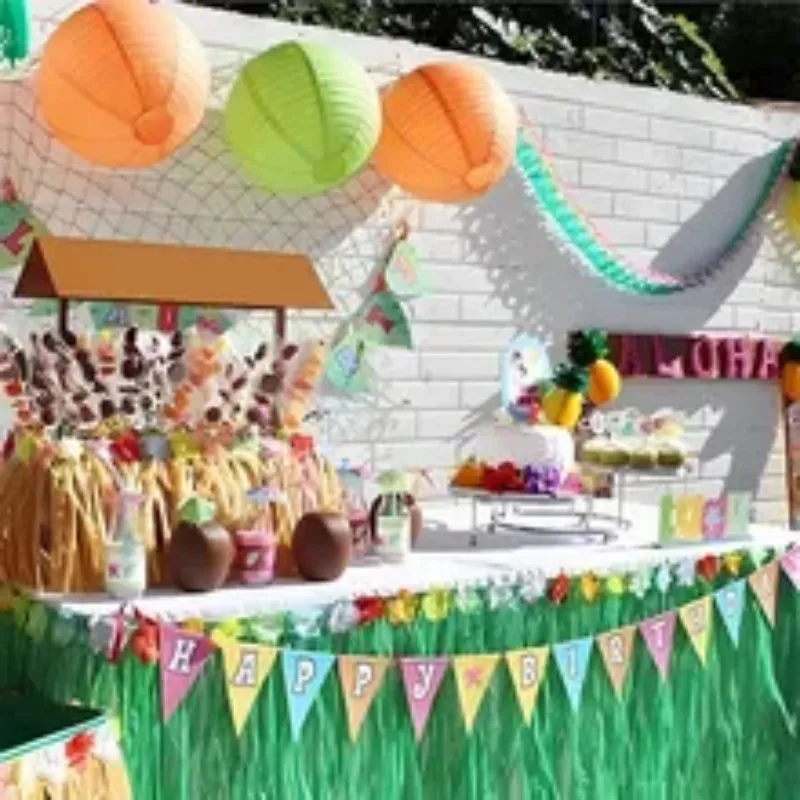 Table Skirt Summer Theme Party Grass Straw Color Table Skirt Hawaiian Tropical Theme Party Supplies for Decor Door Hanging