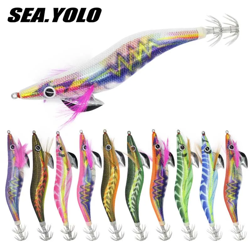 

Sea.Yolo 15g 19g Wooden Shrimp Fishing Lure Jig Fishing Hook Octopus Cuttlefish Artificial Jigging Lures Hard Bait Squid Hook