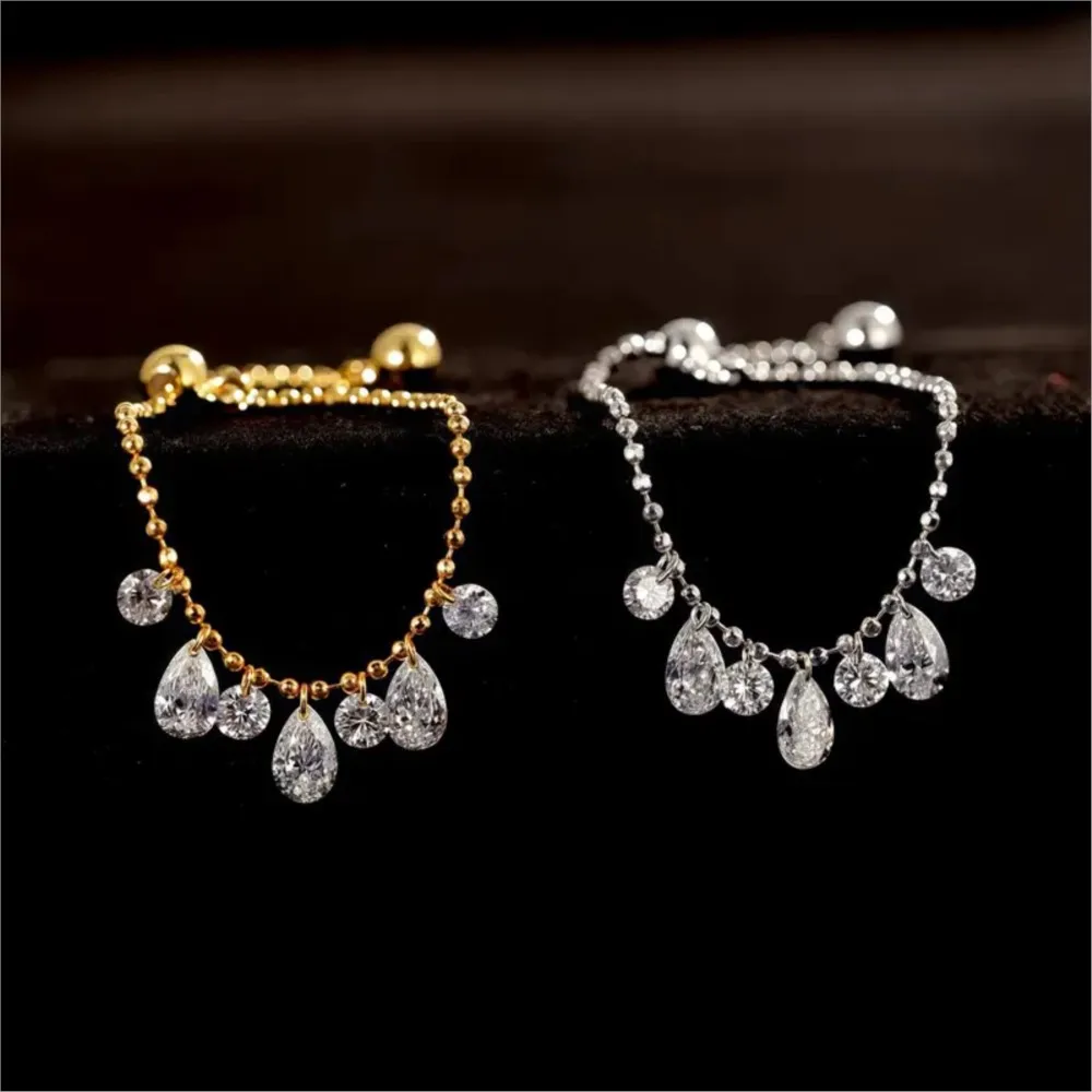 Light Luxury Fairy-Inspired Waterdrop Tassel Sparkling Zirconia Pendant Adjustable Ring for Women Stylish Jewelry Accessory