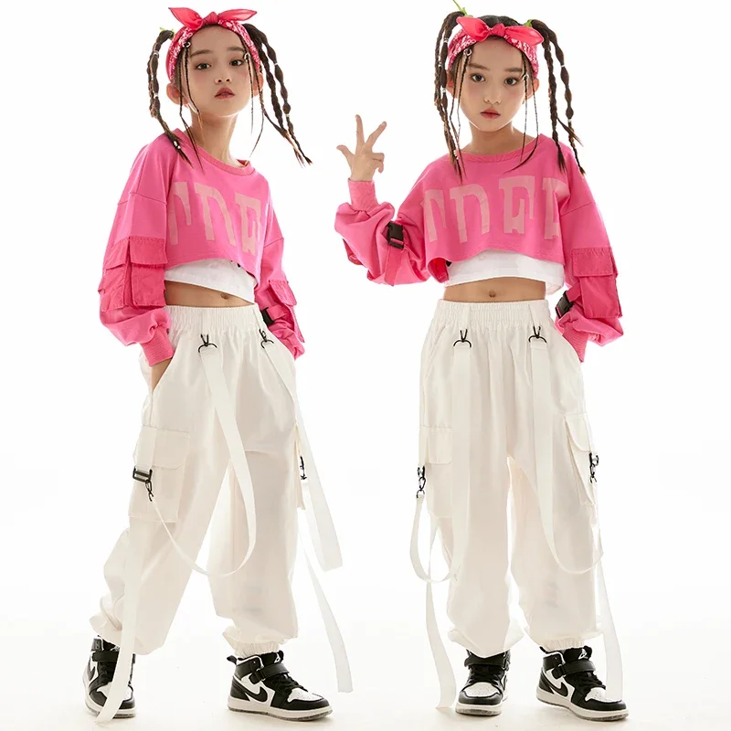 

Dance Clothes For Girls Pink Crop Tops Loose hite Pants Modern Jazz Performance Costume Rave Outfit Kpop Kids Hip Hop