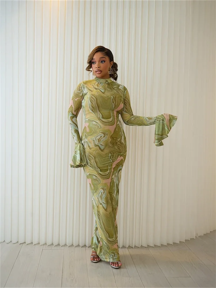 Wmstar Dresses Women Mesh Vintage Print Bodycon Sexy Mesh See Through Flare Sleeve Wrap Hip Long Dress Wholesale Dropshipping