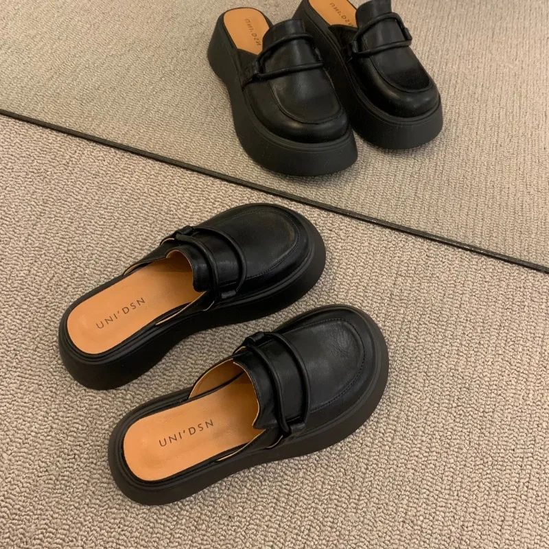 2024 Fashion Chunky Sandals heels Retro Large Head Women's Slippers Thick Bottom Women's Bag Head Half Slippers Vulcanized Shoes