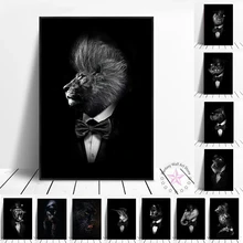 Lion Dog Cat Leopard In Suit Poster Nordic Animal Gentleman Canvas Painting Wall Art Print Black White Picture Room Home Decor