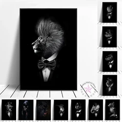 Lion Dog Cat Leopard In Suit Poster Nordic Animal Gentleman Canvas Painting Wall Art Print Black White Picture Room Home Decor